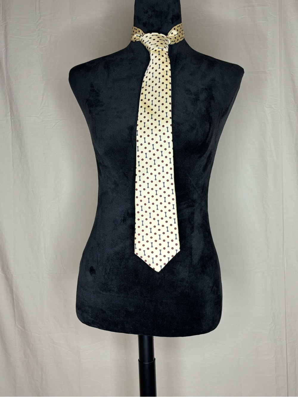 Vintage Paco Rabanne Paris Silk Tie Geometric Dotted Cream Navy Burgundy
